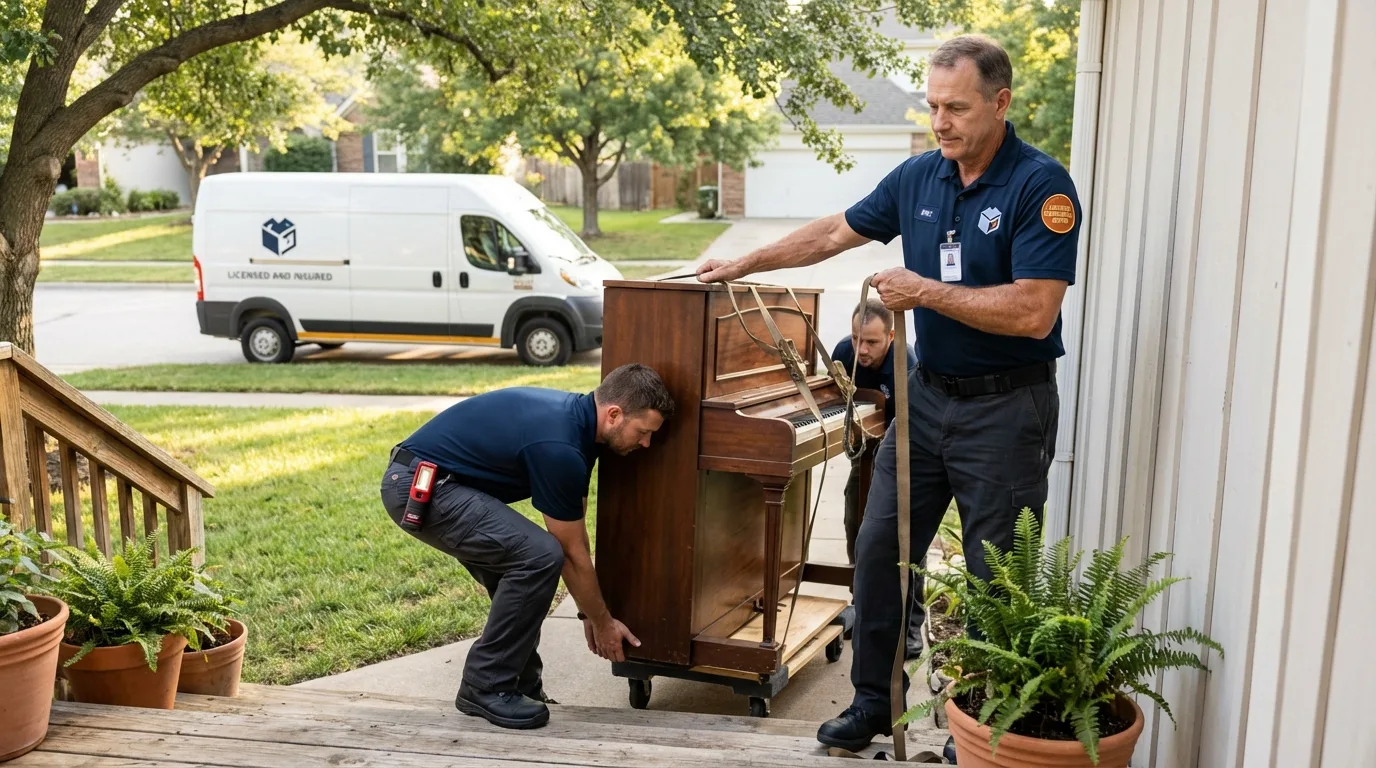 Licensed piano movers securing grand piano in Erwinville, LA