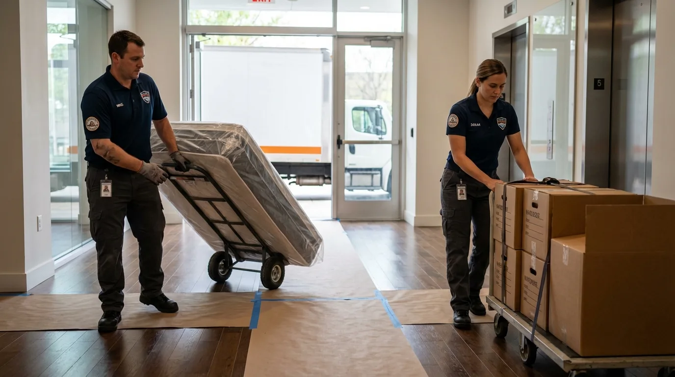 Professional apartment movers loading elevator in Erwinville, LA